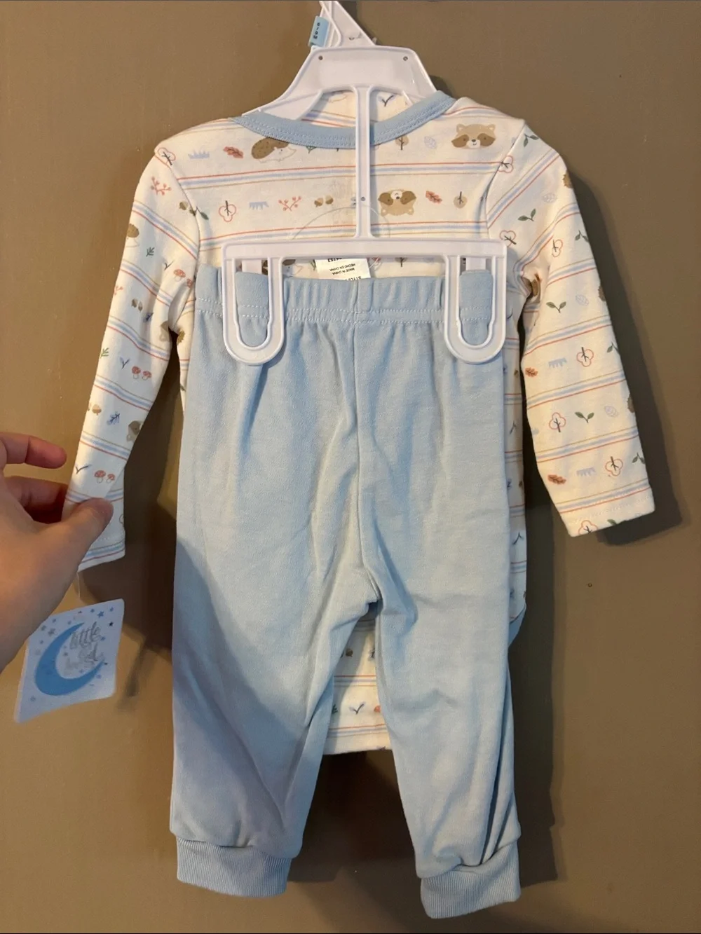 Little & Loved Blue Bear & Hedgehog Print Onesie & Pant Set with Hat 6-9M NWT